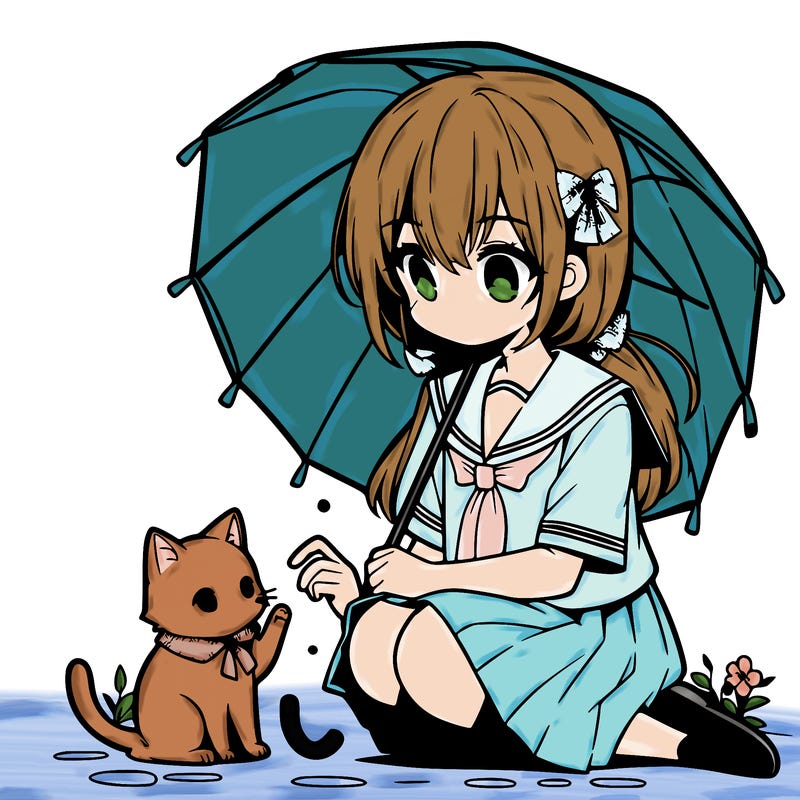 anime middle school girl sitting down petting a cat while holding an umbrella