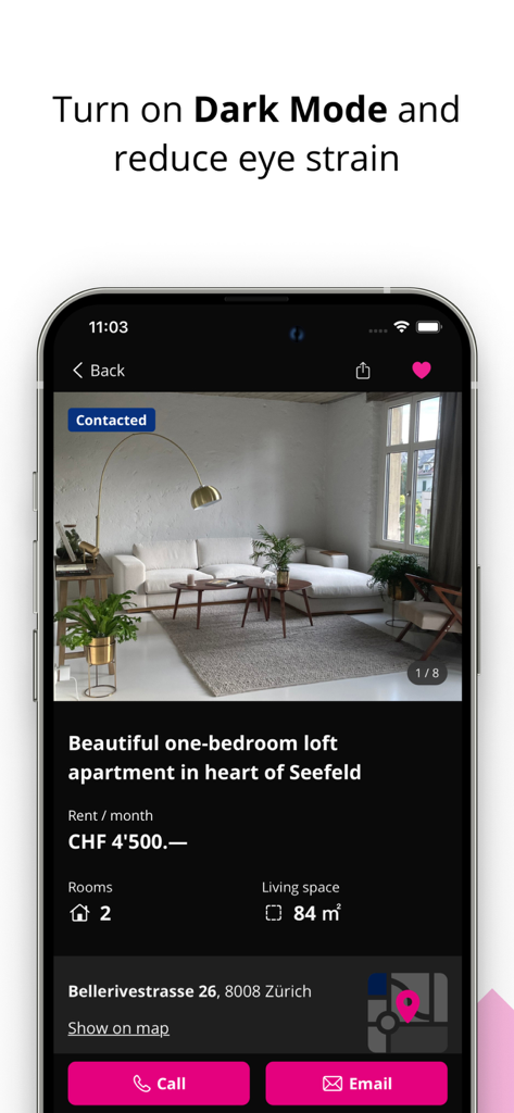 Homegate Explorer mobile app interface showcasing a real estate property listing in dark mode with interior photography and pricing details.