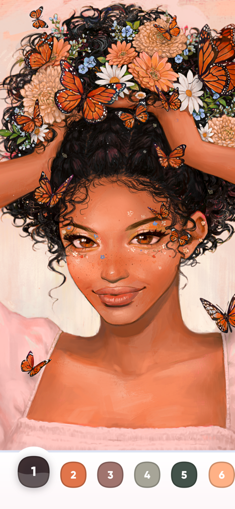 Eine digitale Malen-nach-Zahlen-Illustration eines Mädchens mit orangen Schmetterlingen und Blumen im Haar