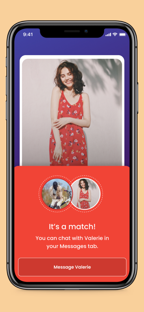 A mobile screen showing a match notification on the Dateability app with a button to message the new connection