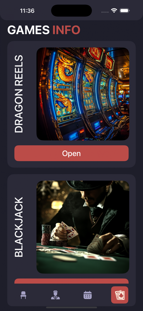 Day Winner Lounge - Day Winner Lounge app screen showing available games like Dragon Reels and Blackjack.