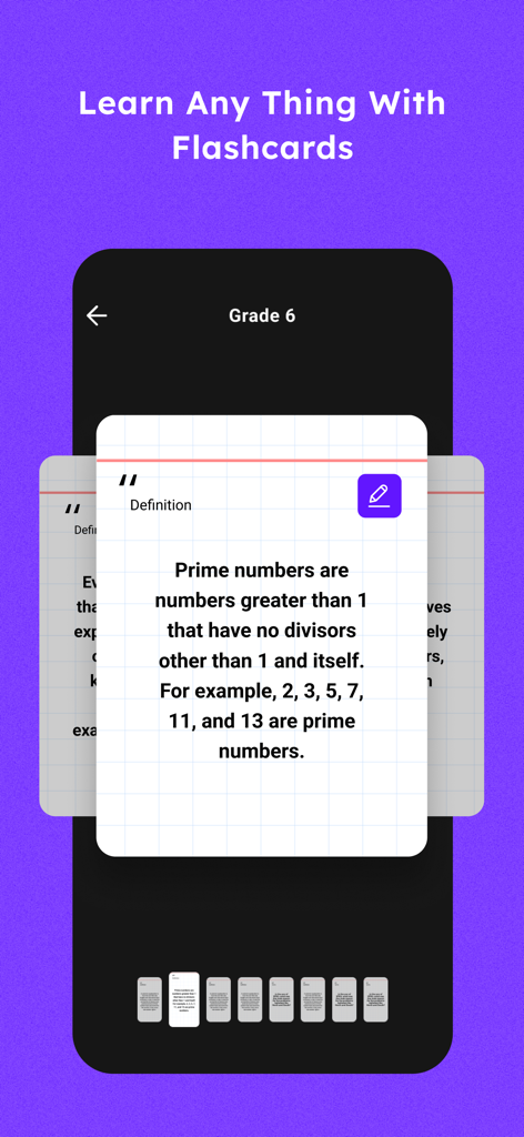 Pantalla del móvil mostrando una tarjeta de memoria digital de Answer.AI explicando los números primos para matemáticas de 6º grado