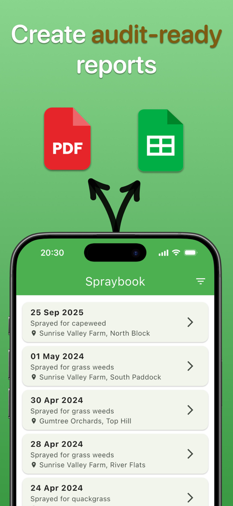 A list of agricultural spray records on a mobile app with options to export as PDF and spreadsheet