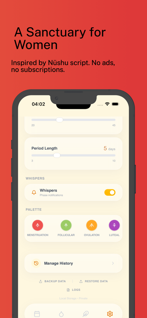 Fallow: Period Tracker - Interfaz de la aplicación Fallow period tracker que muestra la configuración del ciclo y los iconos de fase