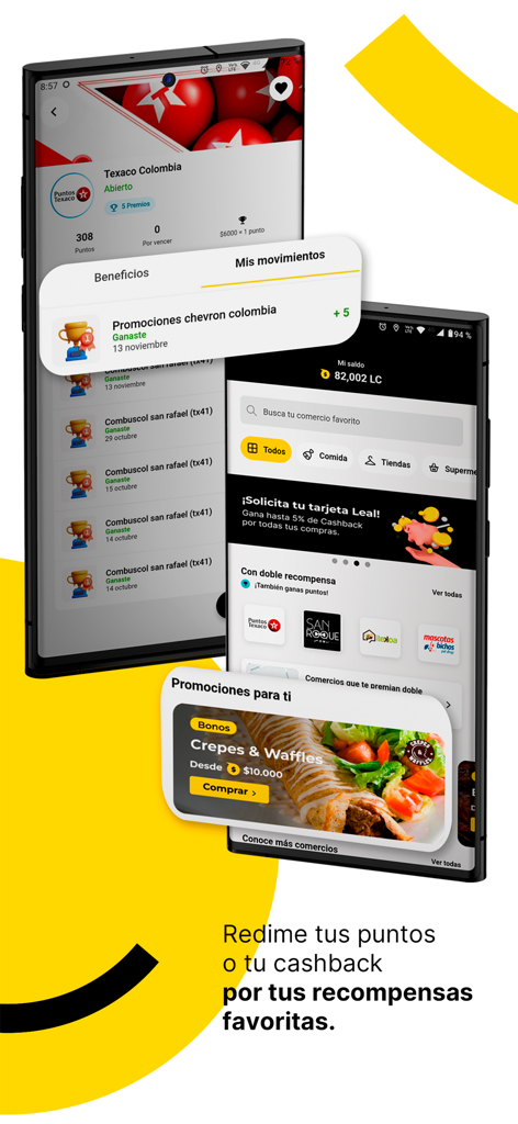 A mobile interface of the Leal app displaying reward points and promotional offers from partner brands.