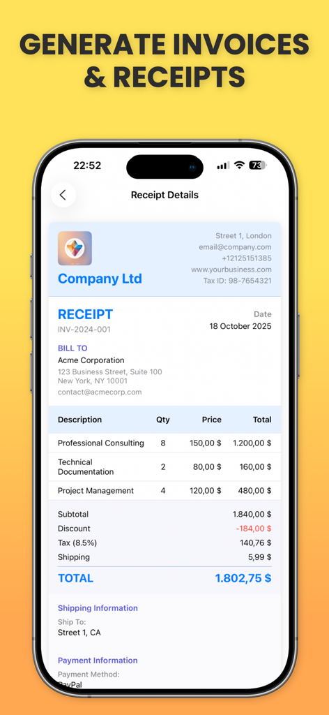 Pantalla de un teléfono móvil que muestra un recibo digital profesional con servicios empresariales detallados y cálculos totales