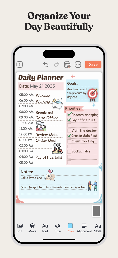 Aesthetic daily planner interface on a mobile phone showing schedule goals and task list.