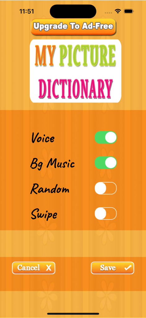 Settings menu of the Kids Picture Dictionary app with toggles for voice and background music