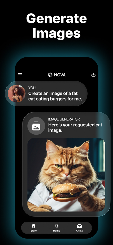 Interfaz de la aplicación Nova AI que demuestra la generación de imágenes de un gato gordo comiendo una hamburguesa a partir de una indicación de texto