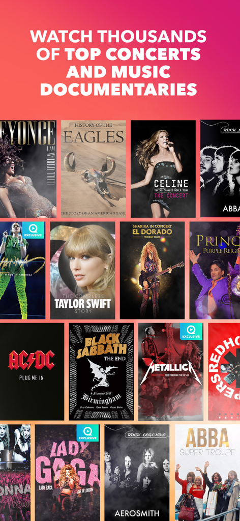 Ein Gitterdisplay verschiedener Konzertfilme und Musikdokumentationen mit beliebten Künstlern wie Taylor Swift und Metallica.