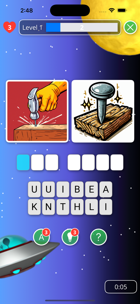 Écran de jeu WordVibes présentant un puzzle rébus visuel avec des images d'un marteau et d'un clou pour deviner une expression idiomatique.