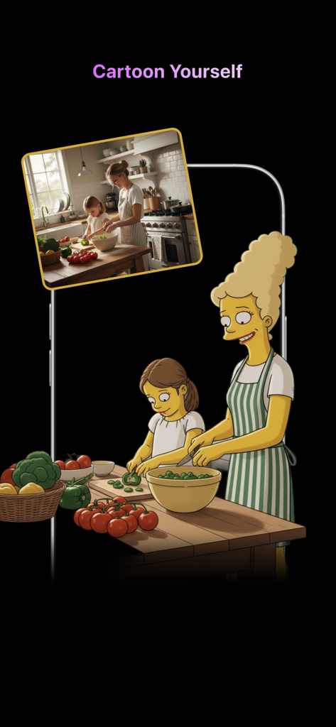 PicsArt: Turn Photos to AI Art - Versión de dibujos animados generada por IA de una madre y un hijo cocinando juntos en una cocina