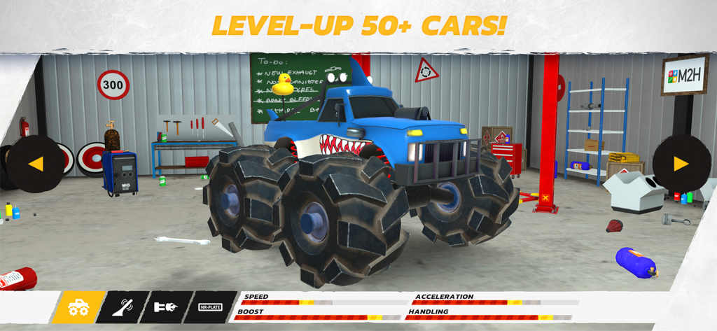 Crash Drive 3 - Un monster truck tiburón azul en un taller de garaje mostrando la subida de nivel y las estadísticas del coche en Crash Drive 3.