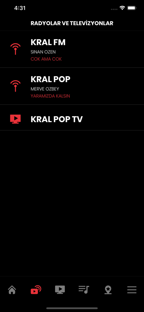 Screenshot del menu dell'app KRAL che visualizza le stazioni radio e TV turche Kral FM e Kral Pop.