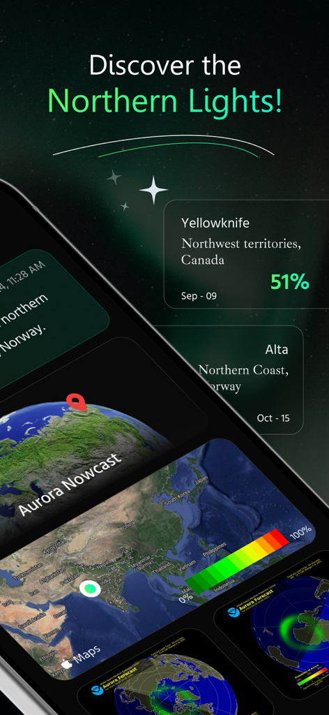 Aurora Forecast App-Oberfläche mit Karten und Nordlicht-Wahrscheinlichkeit