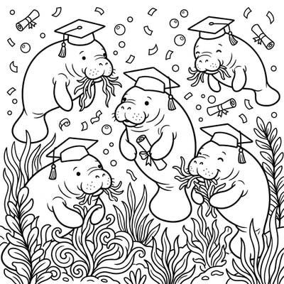 Dive into a joyous celebration with this charming coloring page featuring adorable manatees dressed in graduation caps! Watch them celebrate their big day amidst aquatic plants and festive confetti.