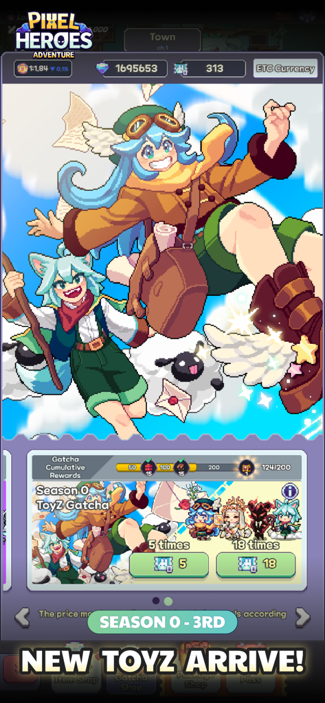 Pixel Heroes Adventure : MMO - Screenshot of the ToyZ gacha system in Pixel Heroes Adventure MMO featuring pixel art characters