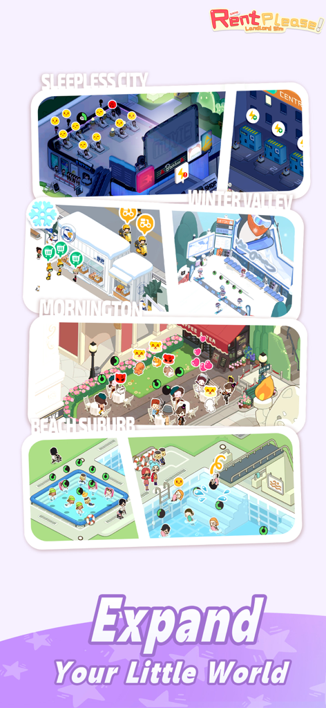Un collage que muestra diferentes mapas temáticos del juego en Rent Please Landlord Sim, incluyendo Sleepless City, Winter Valley, Mornington y Beach Suburb