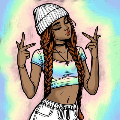 realistic teenage girl with braids and a beanie and crop top doing 🫶🏼