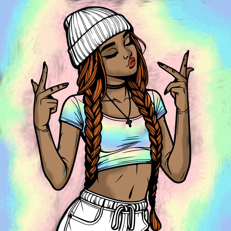 realistic teenage girl with braids and a beanie and crop top doing 🫶🏼