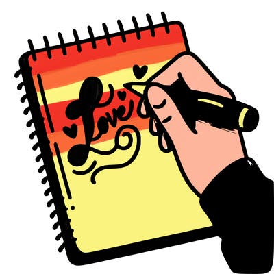 a hand writing “love” in calligraphy on a notebook
