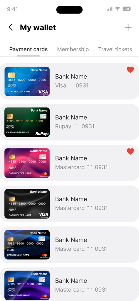 Credit Card : Wallet & NFC - Una interfaz de aplicación móvil que muestra una lista de tarjetas de crédito y débito digitales almacenadas con nombres de bancos y números de tarjeta en la sección Mi Billetera.