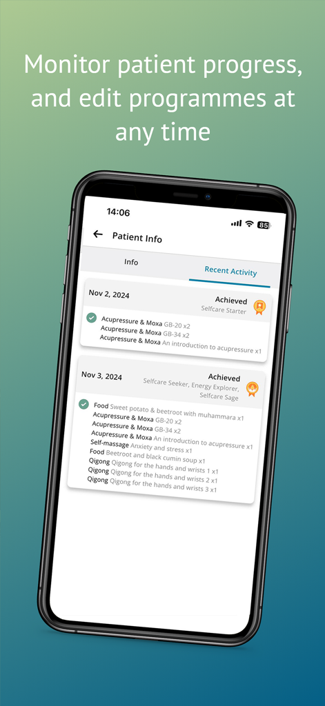 Vista del profesional de la actividad y los logros del paciente en la aplicación Jing