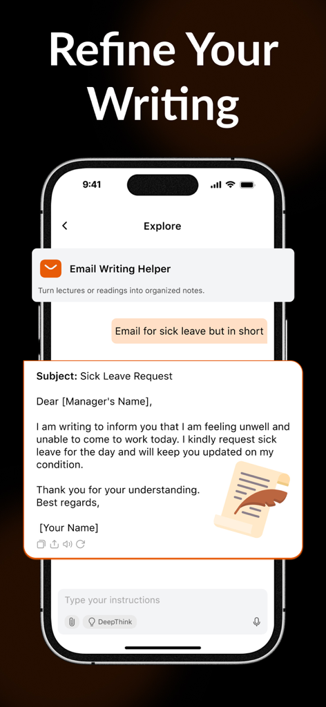 Grow AI app interface showing an AI writing assistant generating a sick leave email draft