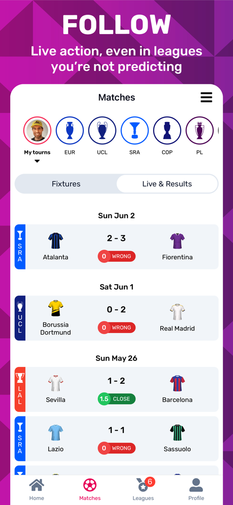 Superbru Football - Superbru Football app interface showing soccer match results and prediction accuracy for various leagues