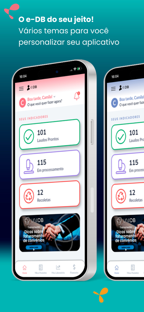 e-DB - Panel de control de la aplicación móvil e-DB que muestra indicadores de laboratorio y temas de personalización