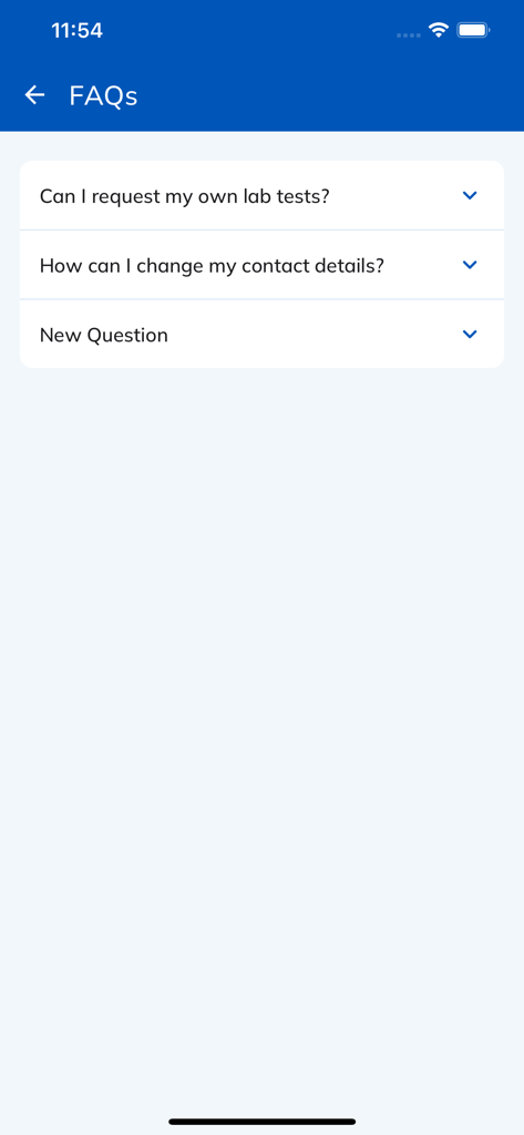 Frequently Asked Questions screen on the Ampath medical pathology app.