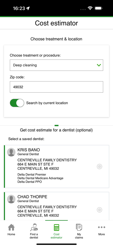 Delta Dental mobile app cost estimator interface showing treatment and location selection