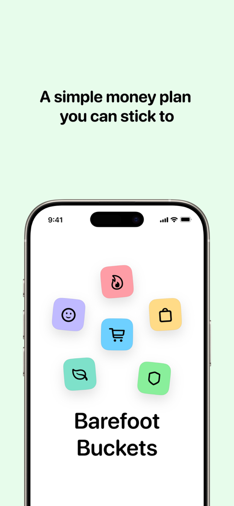Barefoot Buckets - Barefoot Buckets mobile app home screen showing the tagline A simple money plan you can stick to with minimalist budget category icons.
