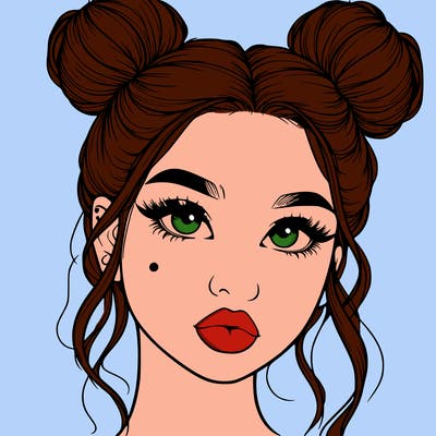 realistic girl with two buns on her hair and lips