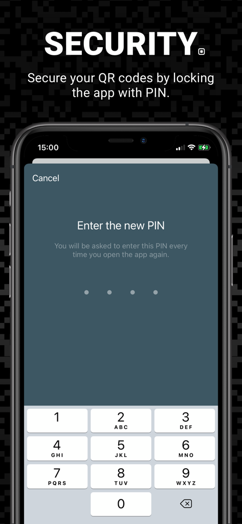Pantalla de seguridad de la aplicación mostrando una interfaz de entrada de PIN para proteger los códigos QR.