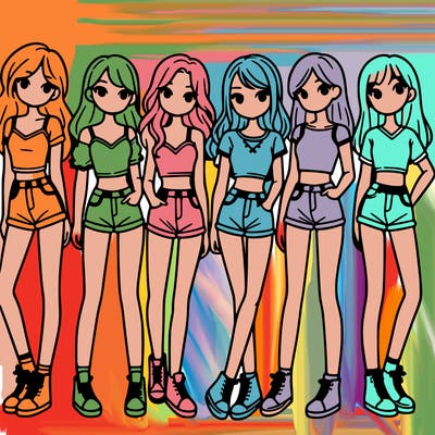 a group of girls wearing crop tops and shorts