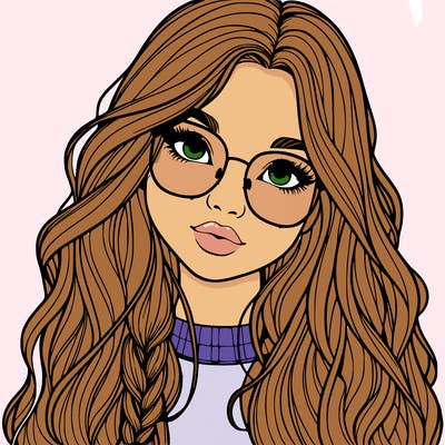 girl with long hair and freckles and glasses realistic