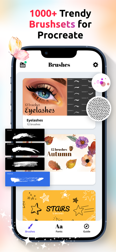 다양한 트렌디한 디지털 브러쉬 세트를 보여주는 Procreate용 브러쉬 앱 인터페이스