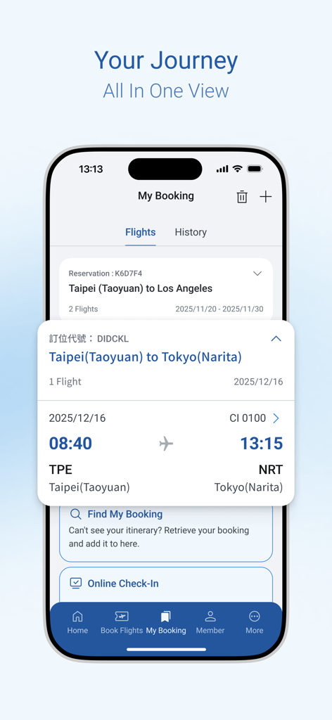 China Airlines App - China Airlines App My Booking screen displaying flight itinerary and online check-in options