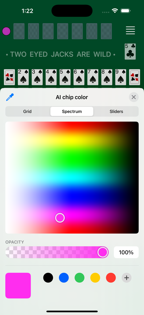 Sequence - FeinGames - La schermata di personalizzazione del colore delle pedine dell'IA nell'app del gioco da tavolo Sequence che mostra un selettore di spettro cromatico.