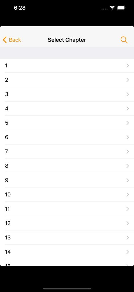 Italian-English Bible - Kapitelauswahlbildschirm in der italienisch-englischen Bibel-App mit einer nummerierten Liste