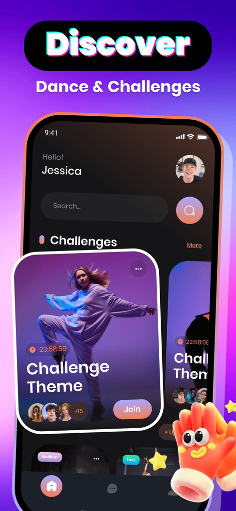 Fingro：Adult Share，Video Call - Fingro app interface showing dance and video theme challenges