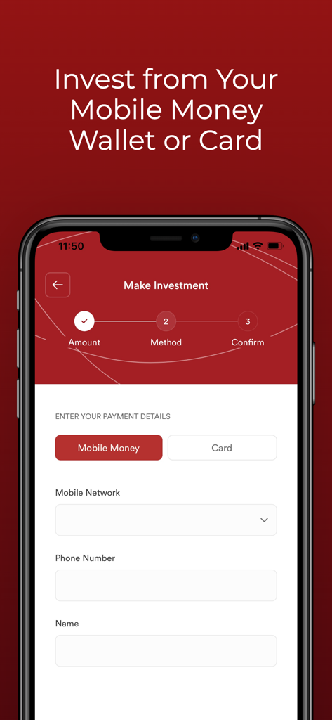 Plus Invest mobile app interface for making an investment using mobile money or card