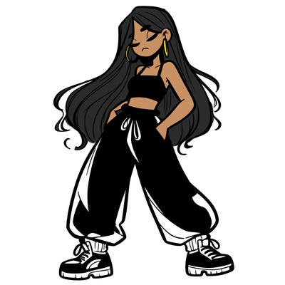 girl in baggy pants crop top and long hair