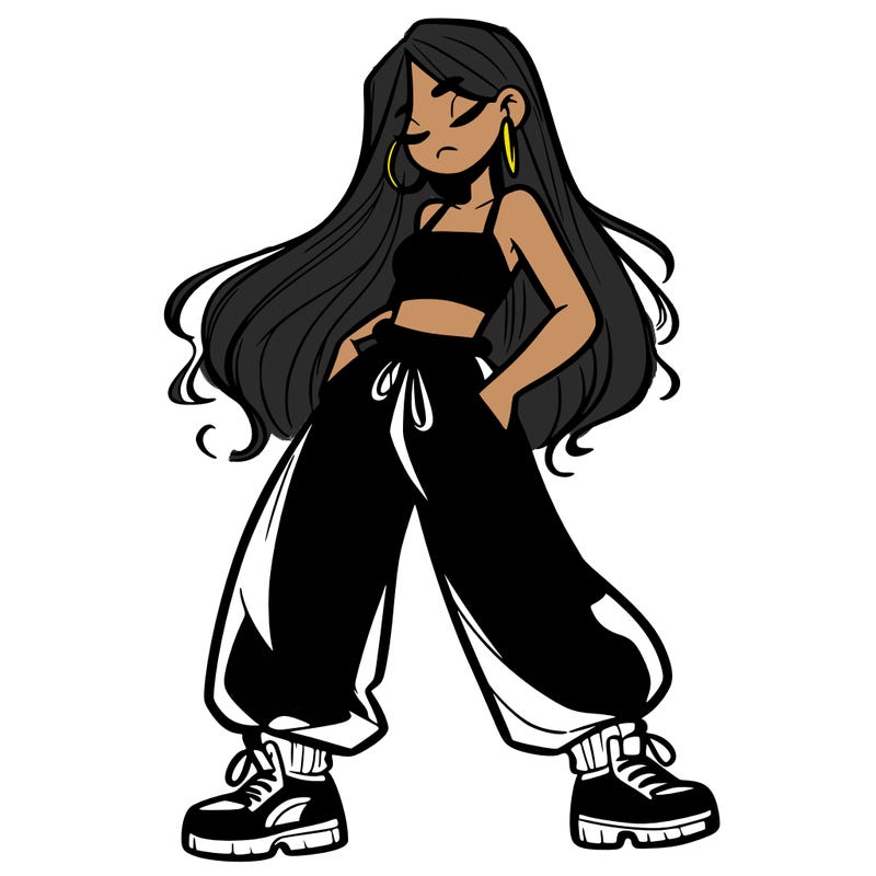 girl in baggy pants crop top and long hair