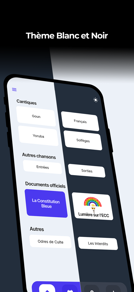 Guide ECC - Interface de l'application Guide ECC montrant les catégories de cantiques dans différentes langues et les documents officiels de l'église avec un aperçu des thèmes clair et sombre.
