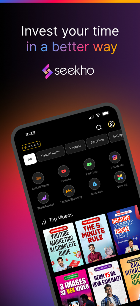 The Seekho app interface showing various educational video categories and courses in Hindi