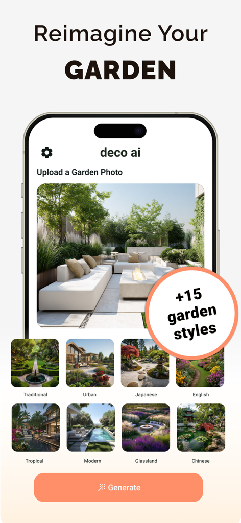 A mobile app screen for garden remodeling showing various AI landscaping styles such as traditional, japanese, and modern.
