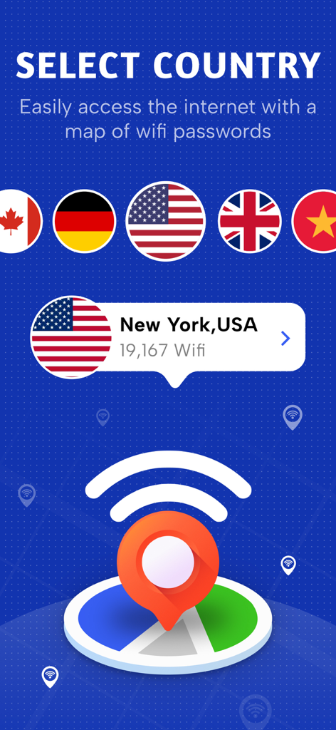 WiFi on Map App-Bildschirm, der die Länderauswahl und WLAN-Hotspots in New York USA anzeigt