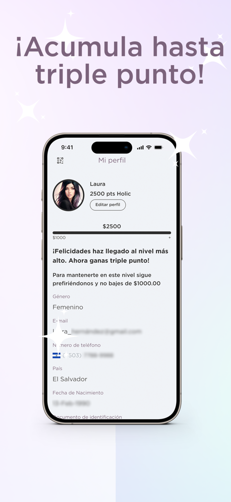 GetBeautyFull App - Perfil de usuario de la aplicación GetBeautyFull que muestra el nivel Holic y recompensa de triple punto